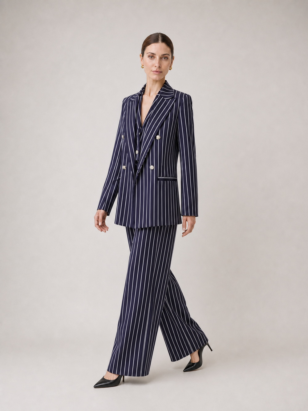 Valentina Navy Pinstripe Double-Breasted Suit Set – side view