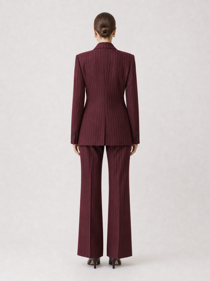 Marcella Burgundy Pinstripe Double-Breasted Suit Set – back view