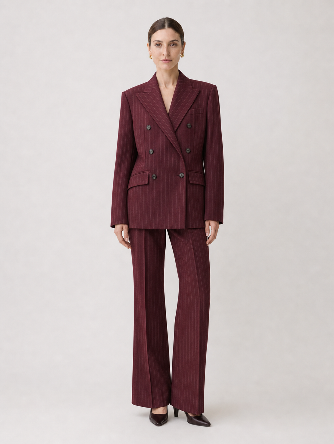 Marcella Burgundy Pinstripe Double-Breasted Suit Set – front view