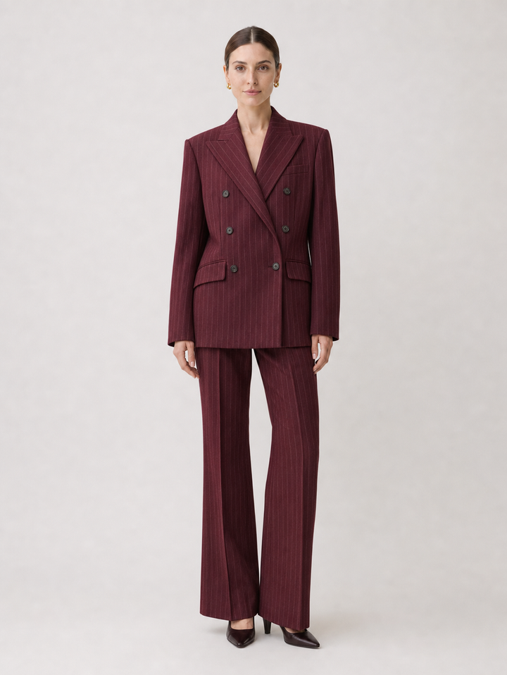 Marcella Burgundy Pinstripe Double-Breasted Suit Set – front view