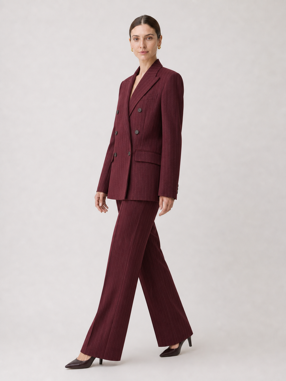 Marcella Burgundy Pinstripe Double-Breasted Suit Set – side view