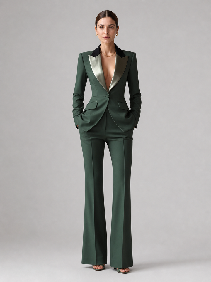 Esme Contrast-Lapel Forest Green Suit Set – front view