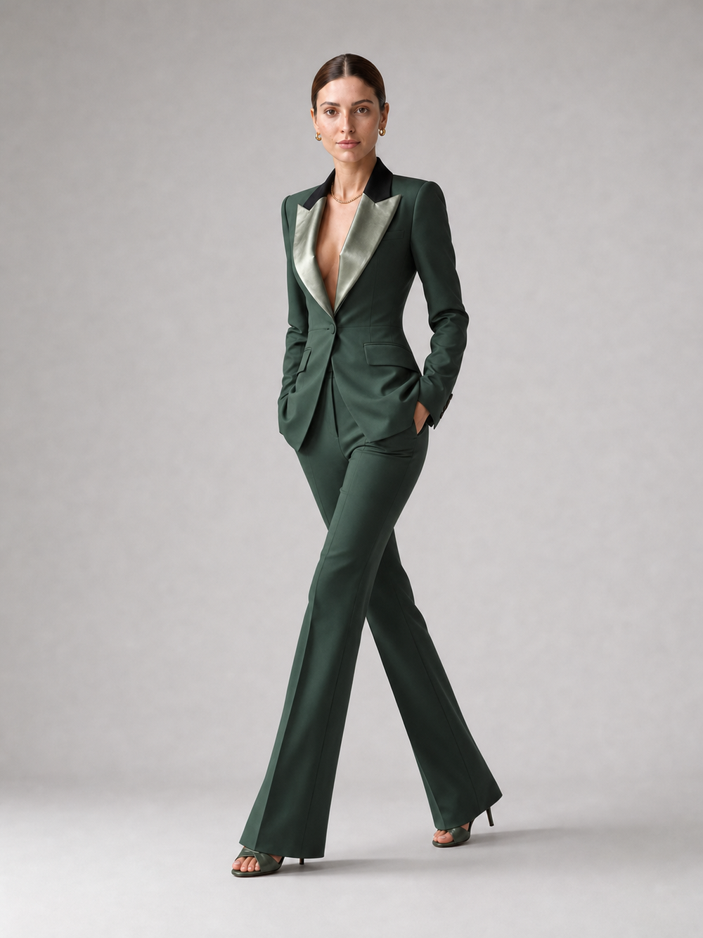 Esme Contrast-Lapel Forest Green Suit Set – side view