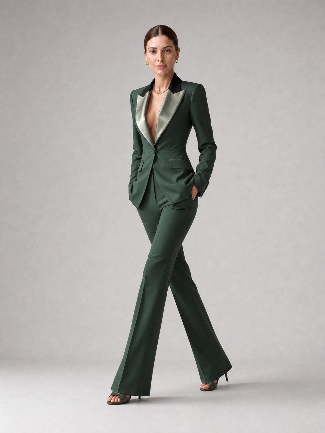 Esme Contrast-Lapel Forest Green Suit Set – side view