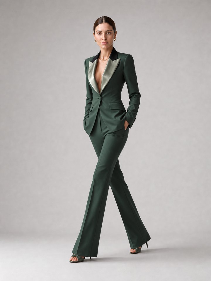 Esme Contrast-Lapel Forest Green Suit Set – side view