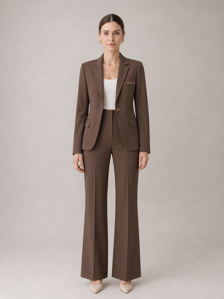Estelle Mocha-Brown Wide-Leg Suit Set – front view