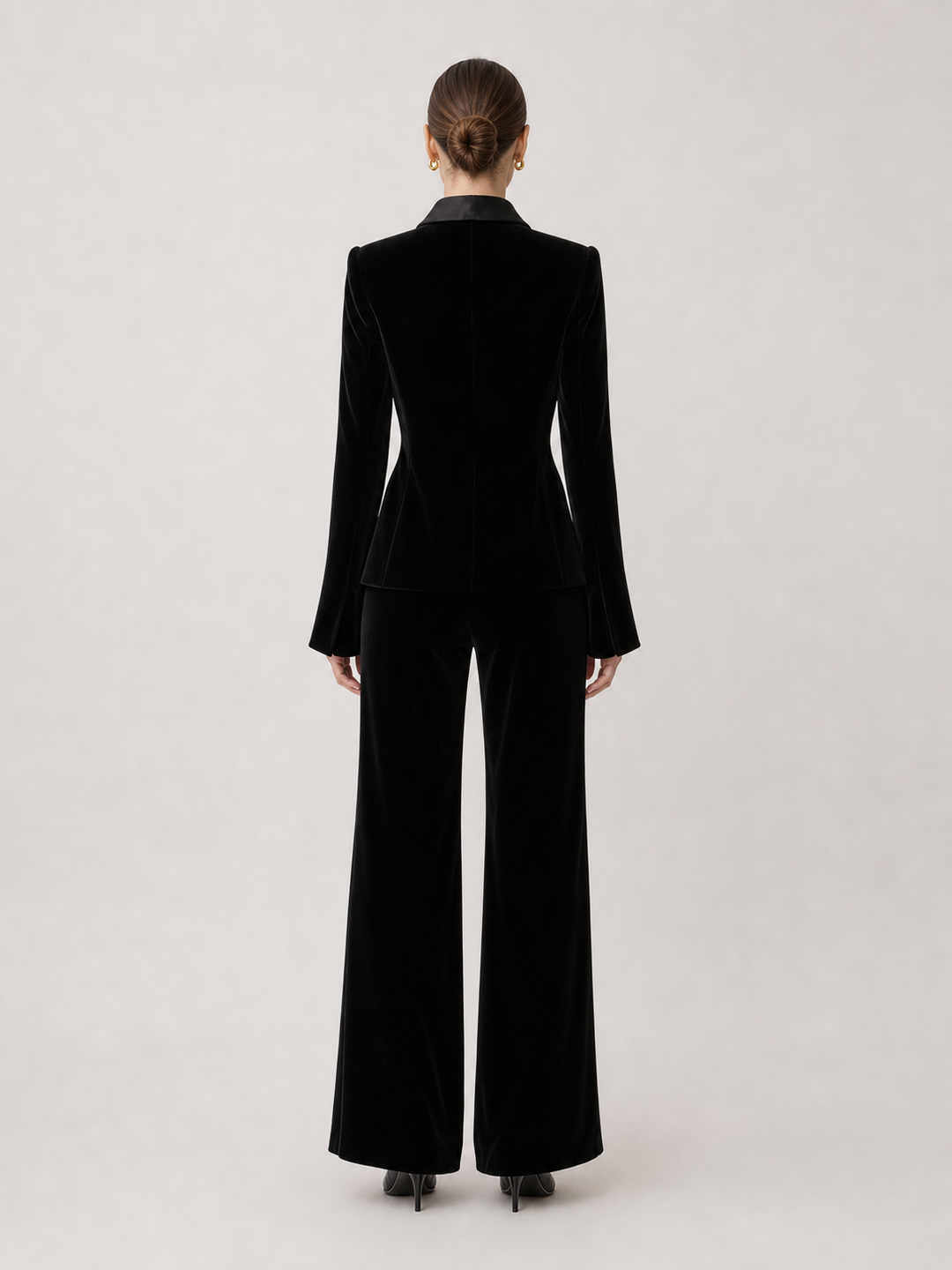 Nicolette Black Satin-Lapel Wide-Leg Suit Set – back view