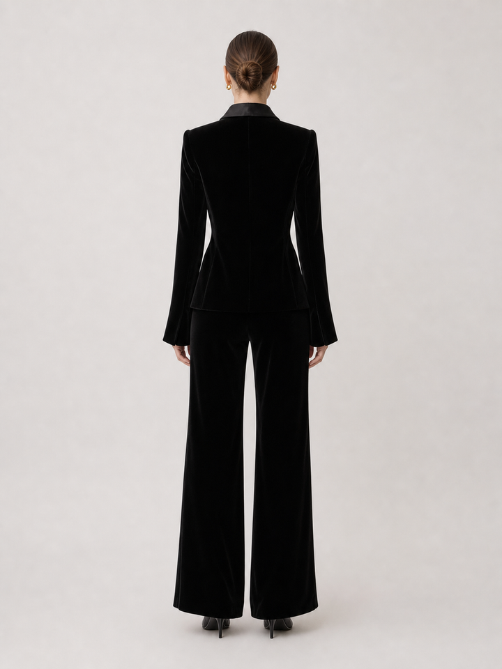 Nicolette Black Satin-Lapel Wide-Leg Suit Set – back view
