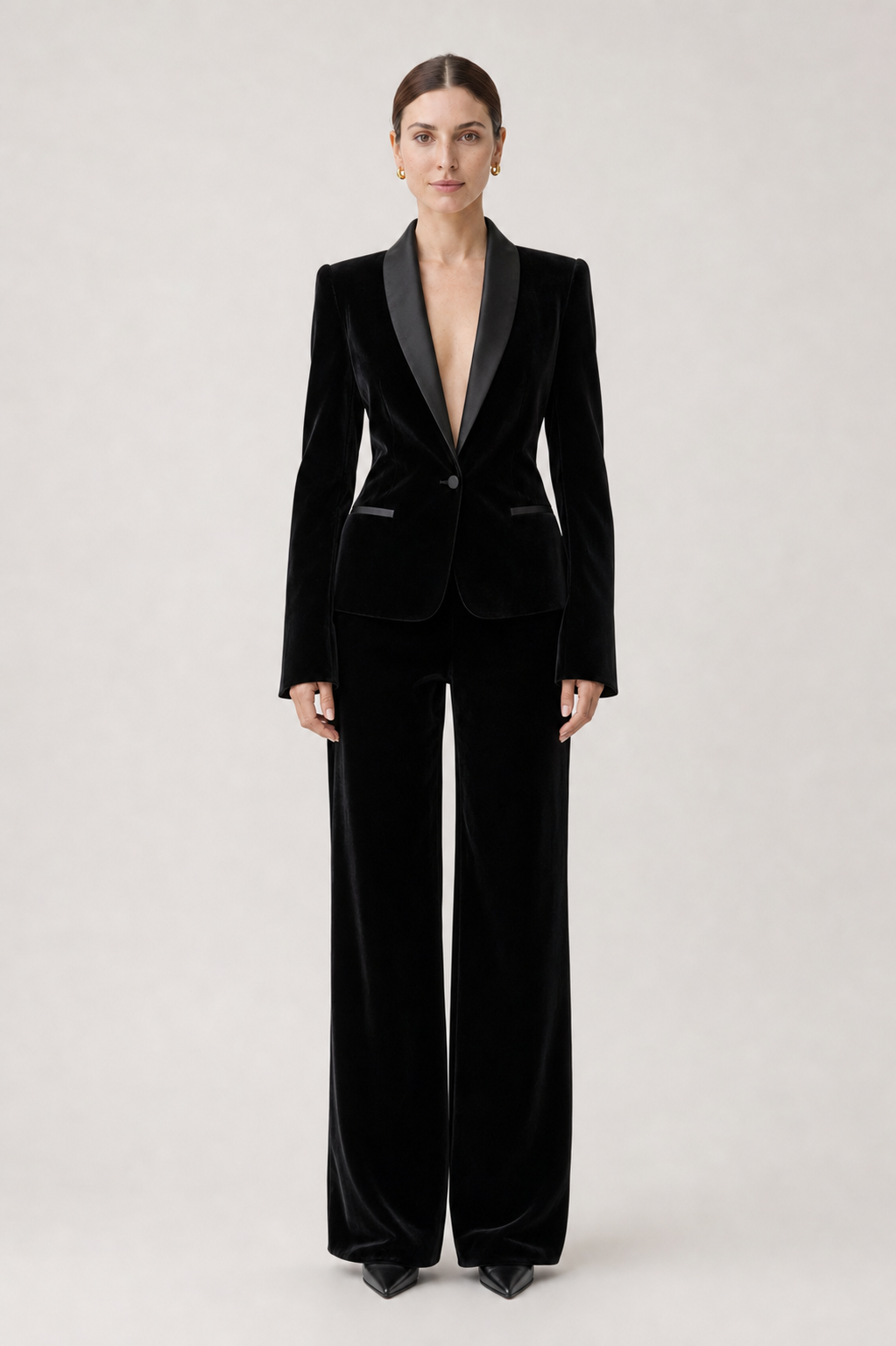 Nicolette Black Satin-Lapel Wide-Leg Suit Set – front view