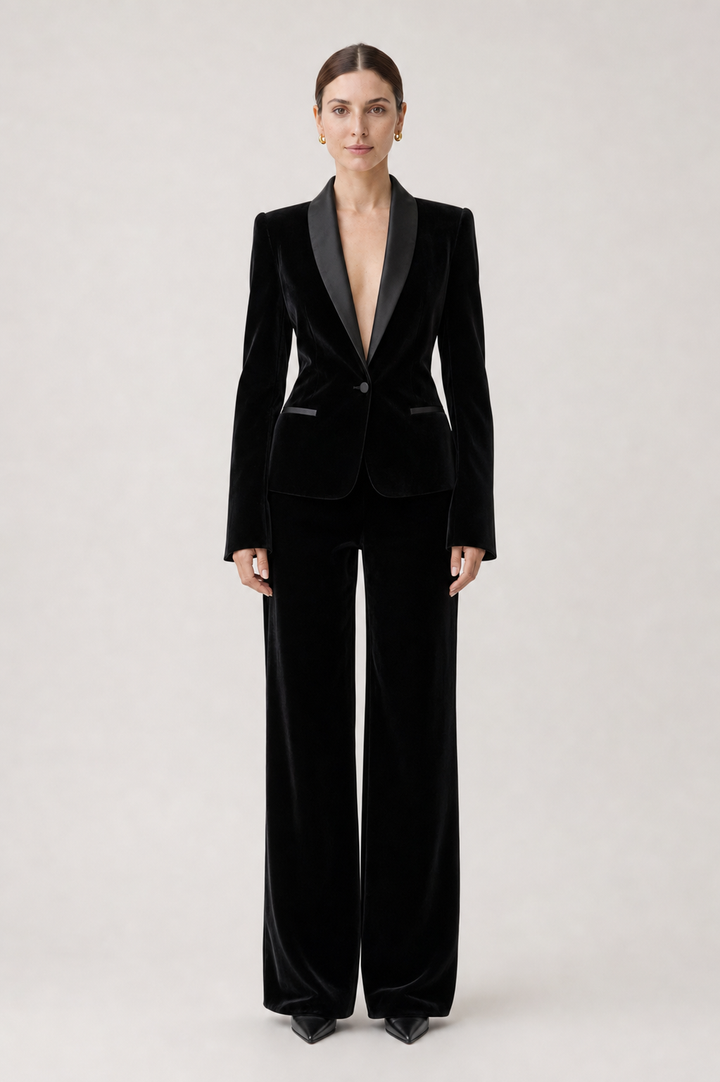 Nicolette Black Satin-Lapel Wide-Leg Suit Set – front view