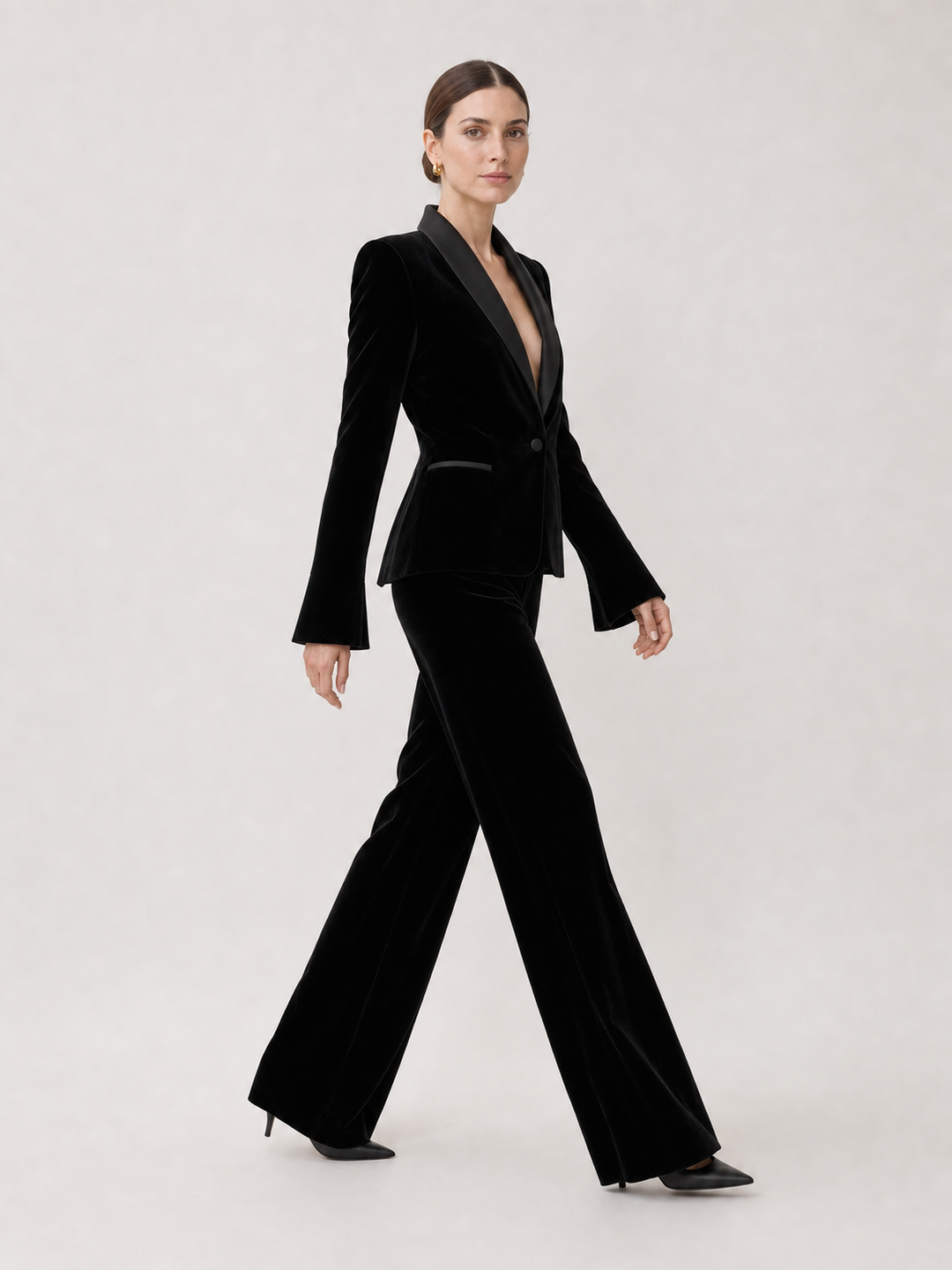 Nicolette Black Satin-Lapel Wide-Leg Suit Set – side view