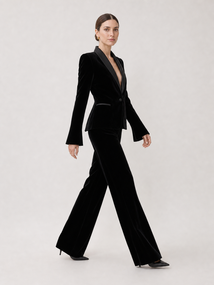 Nicolette Black Satin-Lapel Wide-Leg Suit Set – side view
