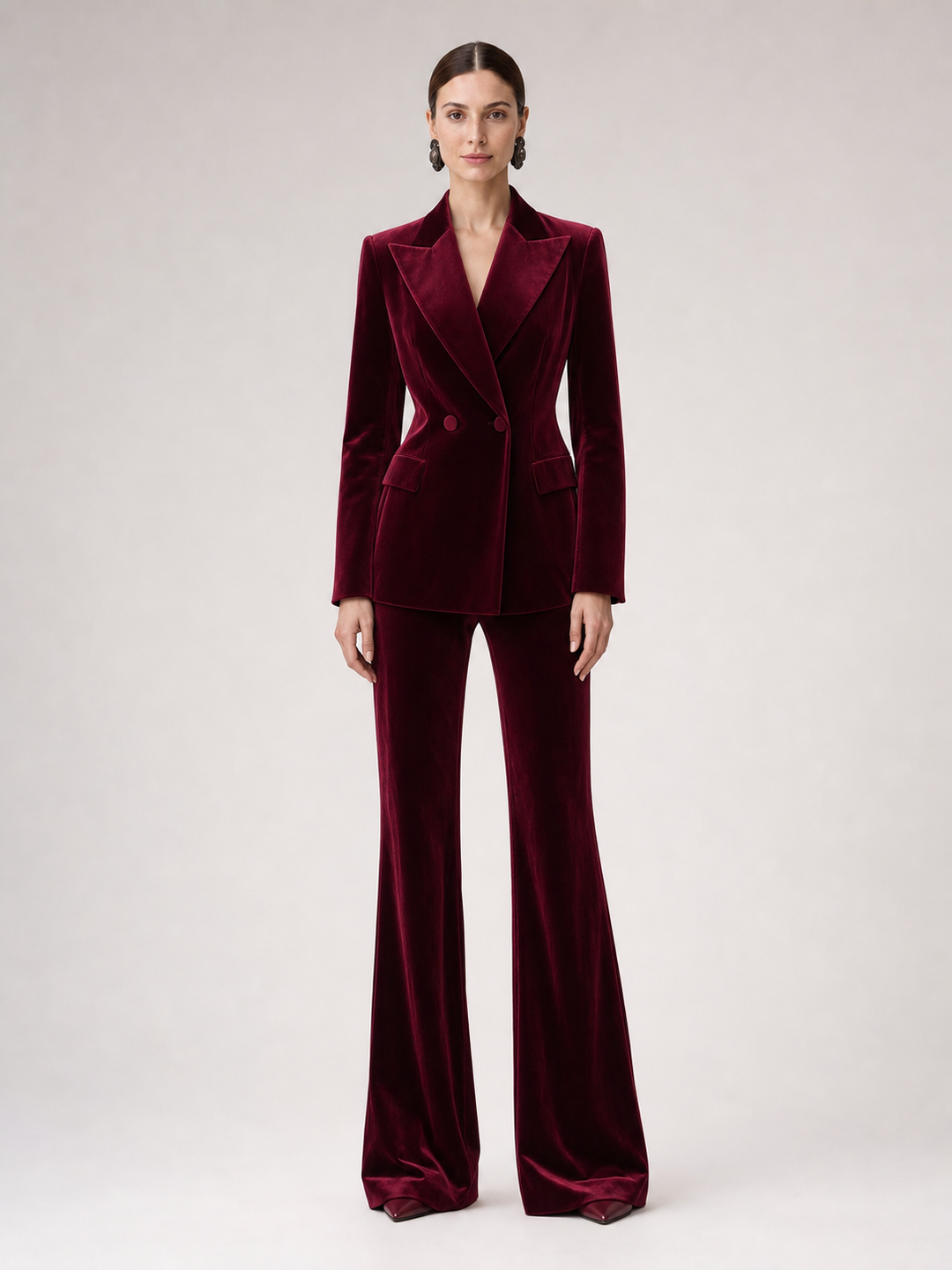 Lucia Wine-Burgundy Velvet-Look Suit Set – front view