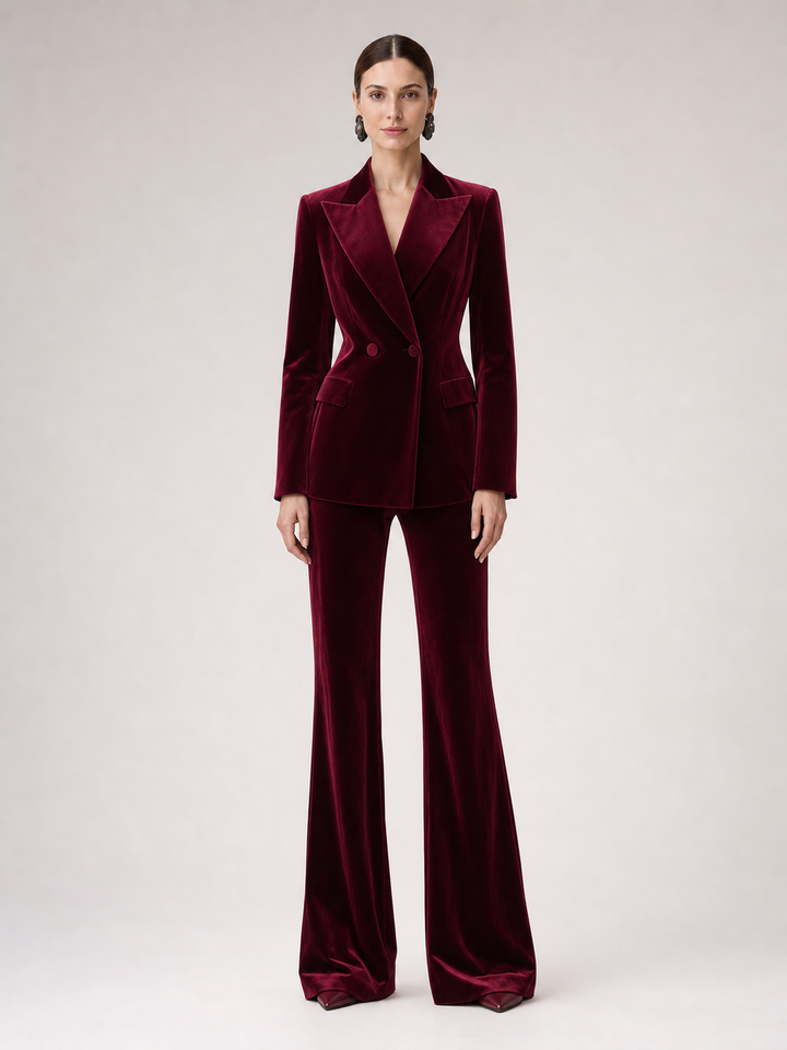 Lucia Wine-Burgundy Velvet-Look Suit Set – front view
