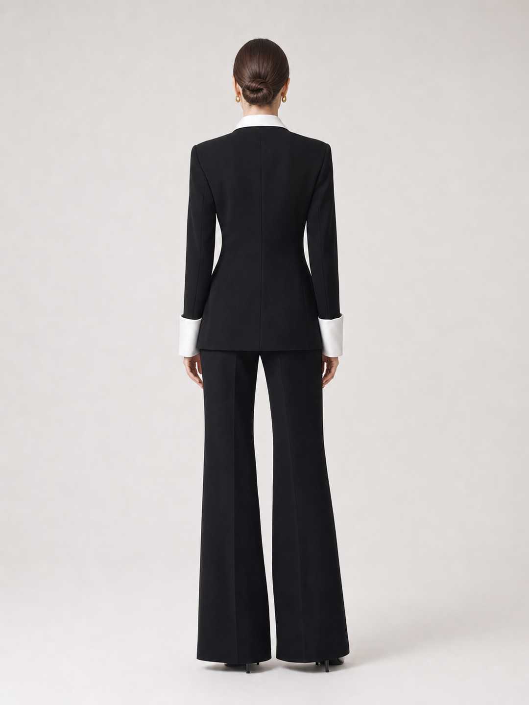 Monique Contrast-Lapel Black Wide-Leg Suit Set – back view