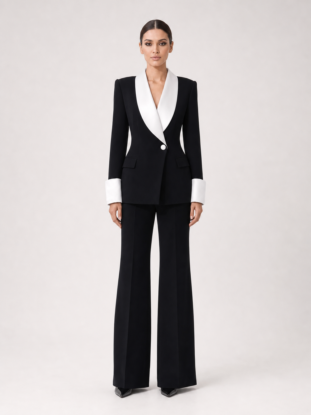 Monique Contrast-Lapel Black Wide-Leg Suit Set – front view