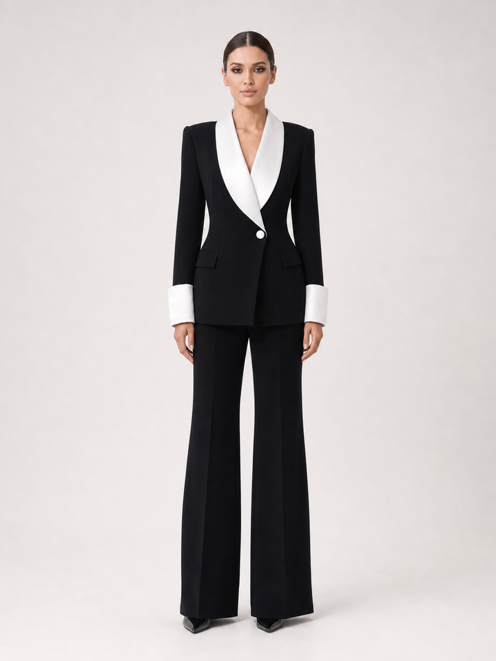 Monique Contrast-Lapel Black Wide-Leg Suit Set – front view
