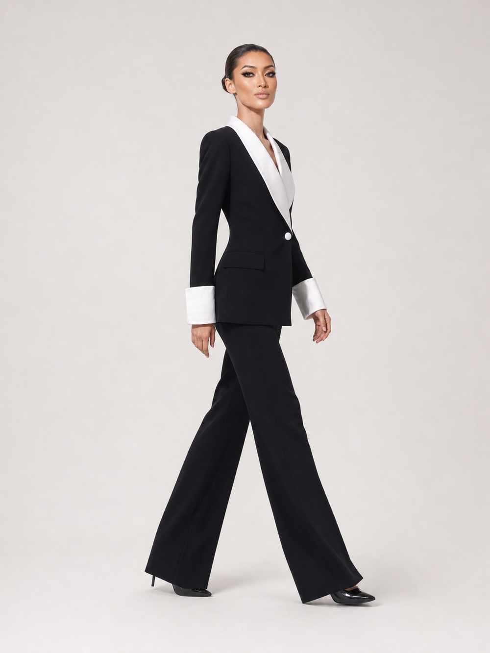 Monique Contrast-Lapel Black Wide-Leg Suit Set – side view