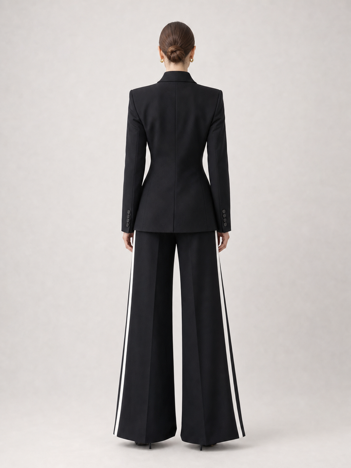 Odette White-Trim Black Wide-Leg Suit Set – back view