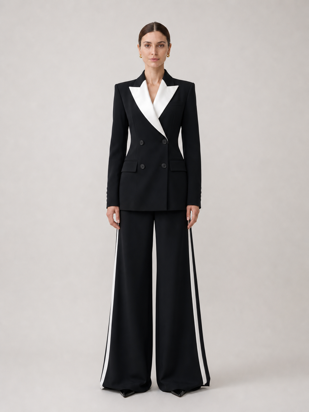 Odette White-Trim Black Wide-Leg Suit Set – front view