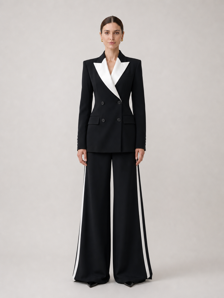 Odette White-Trim Black Wide-Leg Suit Set – front view