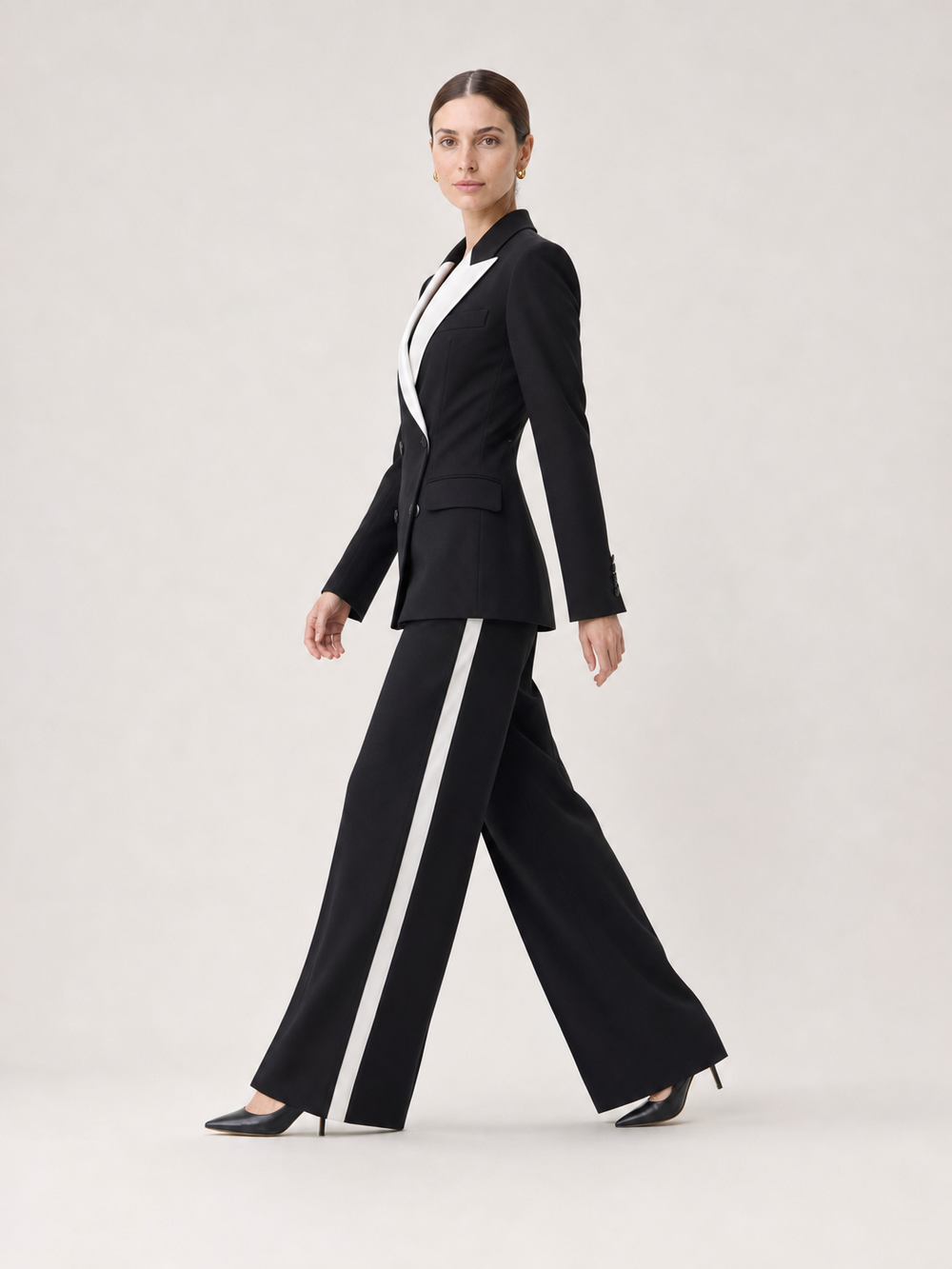 Odette White-Trim Black Wide-Leg Suit Set – side view