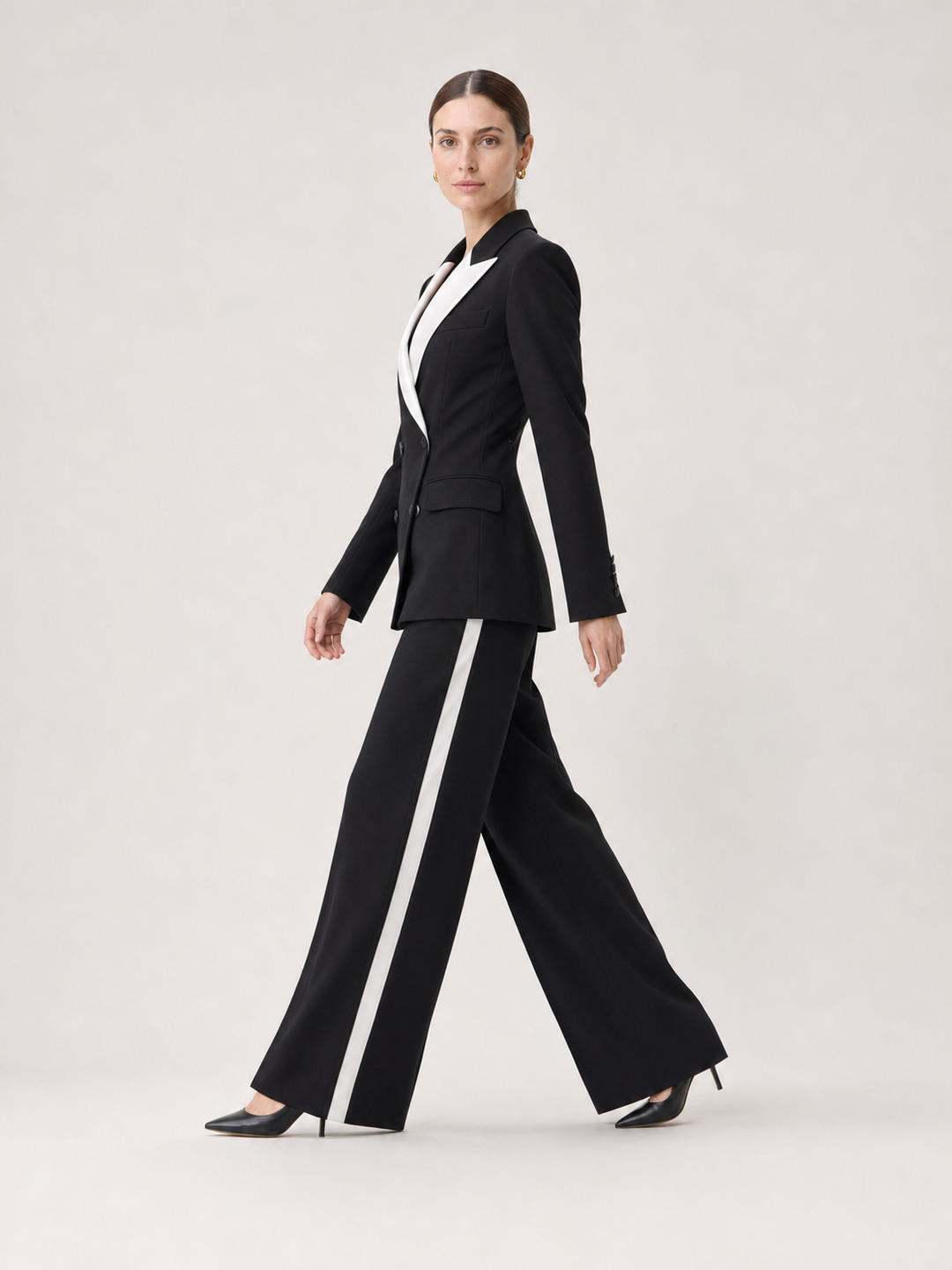 Odette White-Trim Black Wide-Leg Suit Set – side view