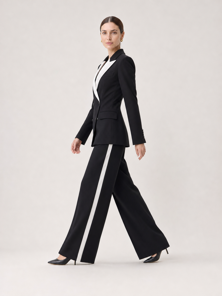 Odette White-Trim Black Wide-Leg Suit Set – side view