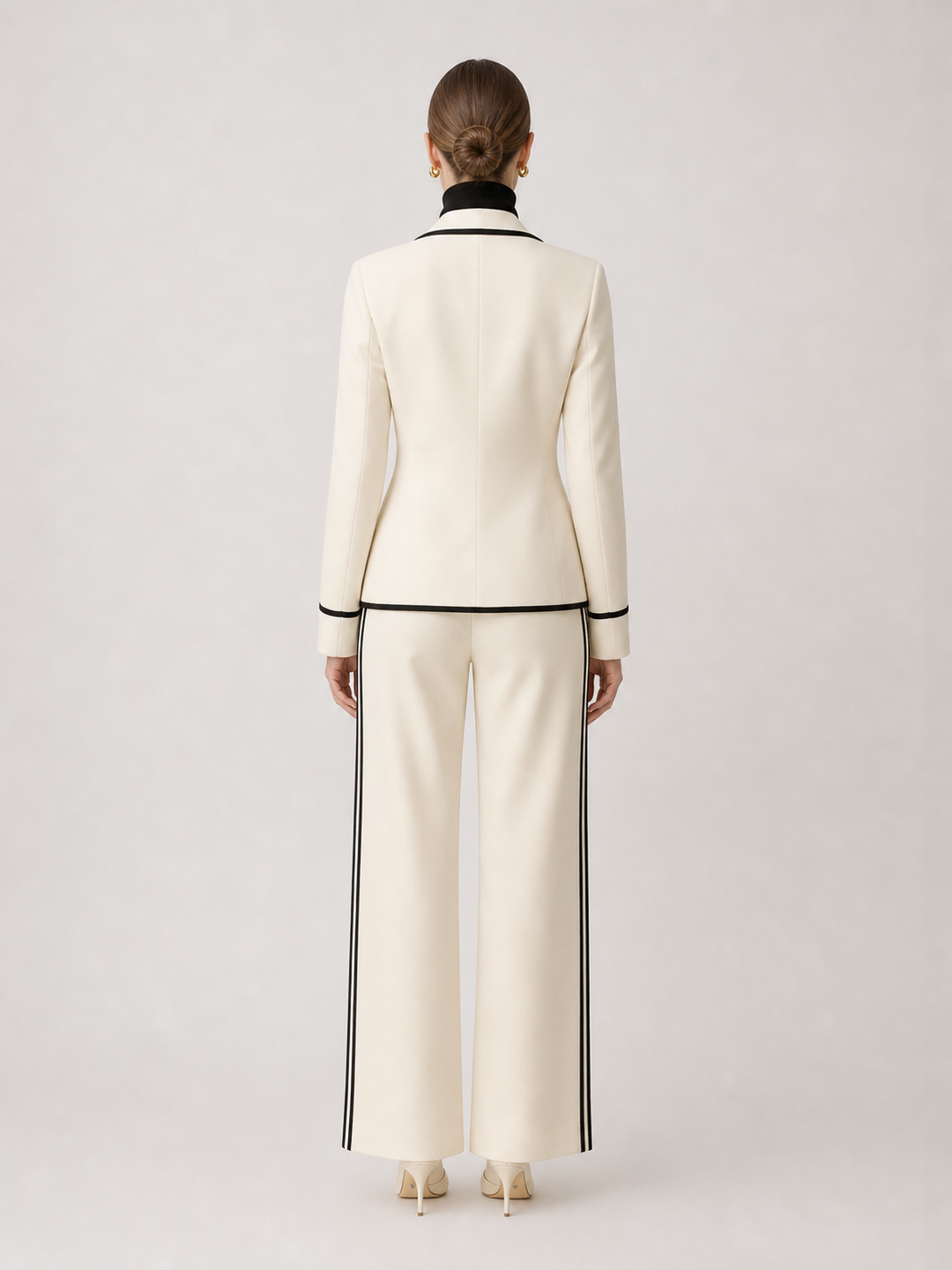Clarisse Black-Trim Ivory Wide-Leg Suit Set – back view
