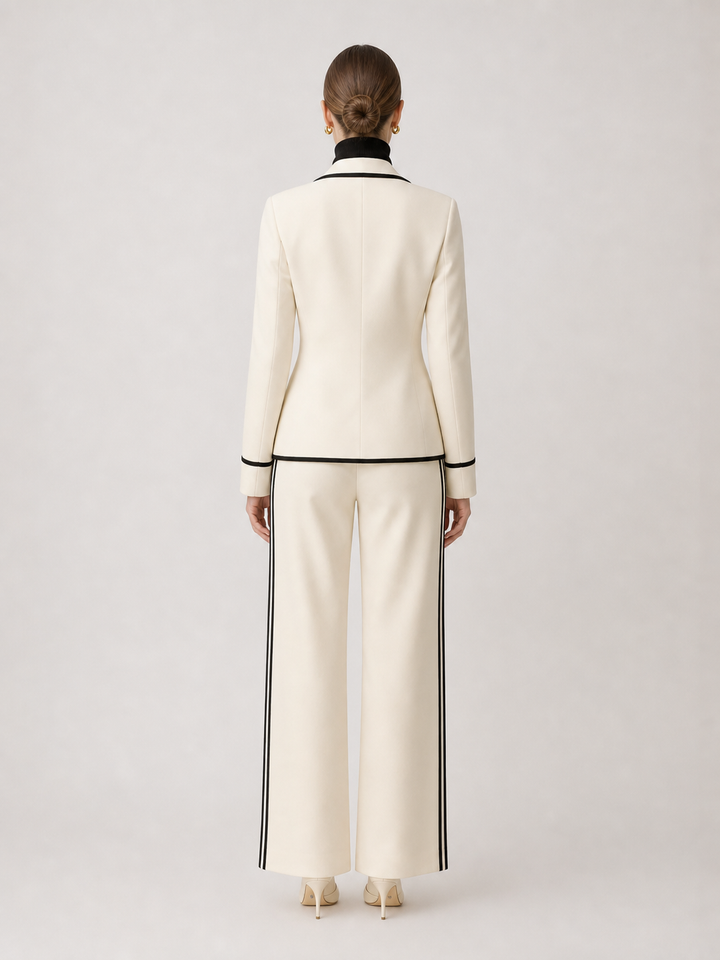 Clarisse Black-Trim Ivory Wide-Leg Suit Set – back view