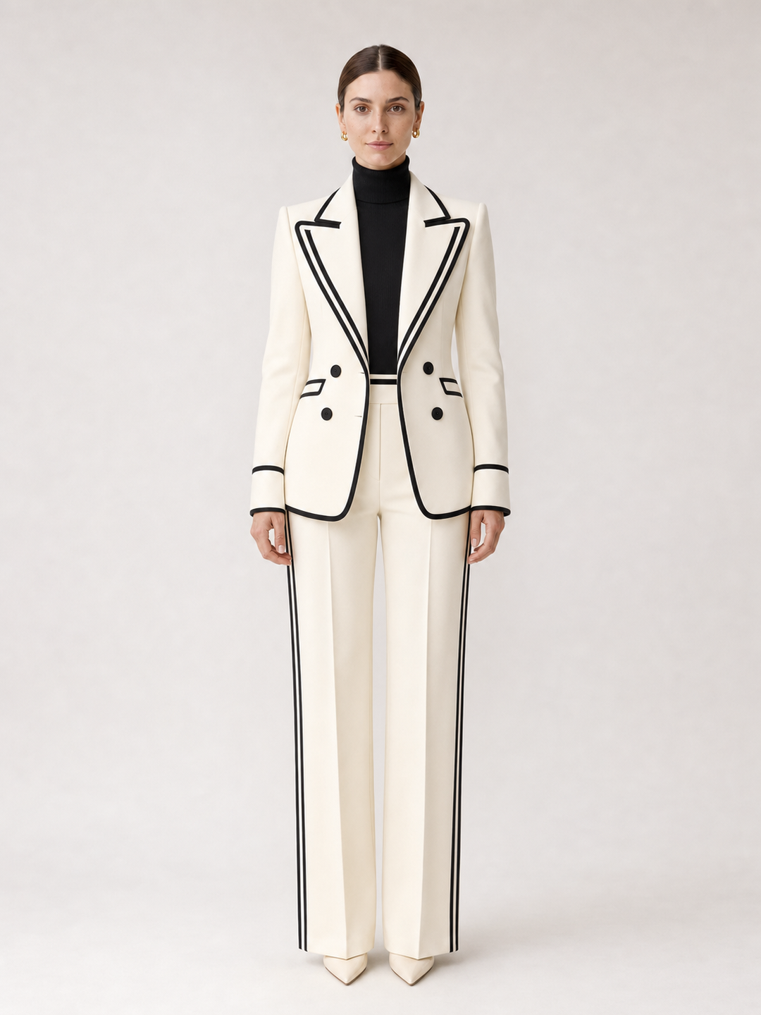 Clarisse Black-Trim Ivory Wide-Leg Suit Set – front view