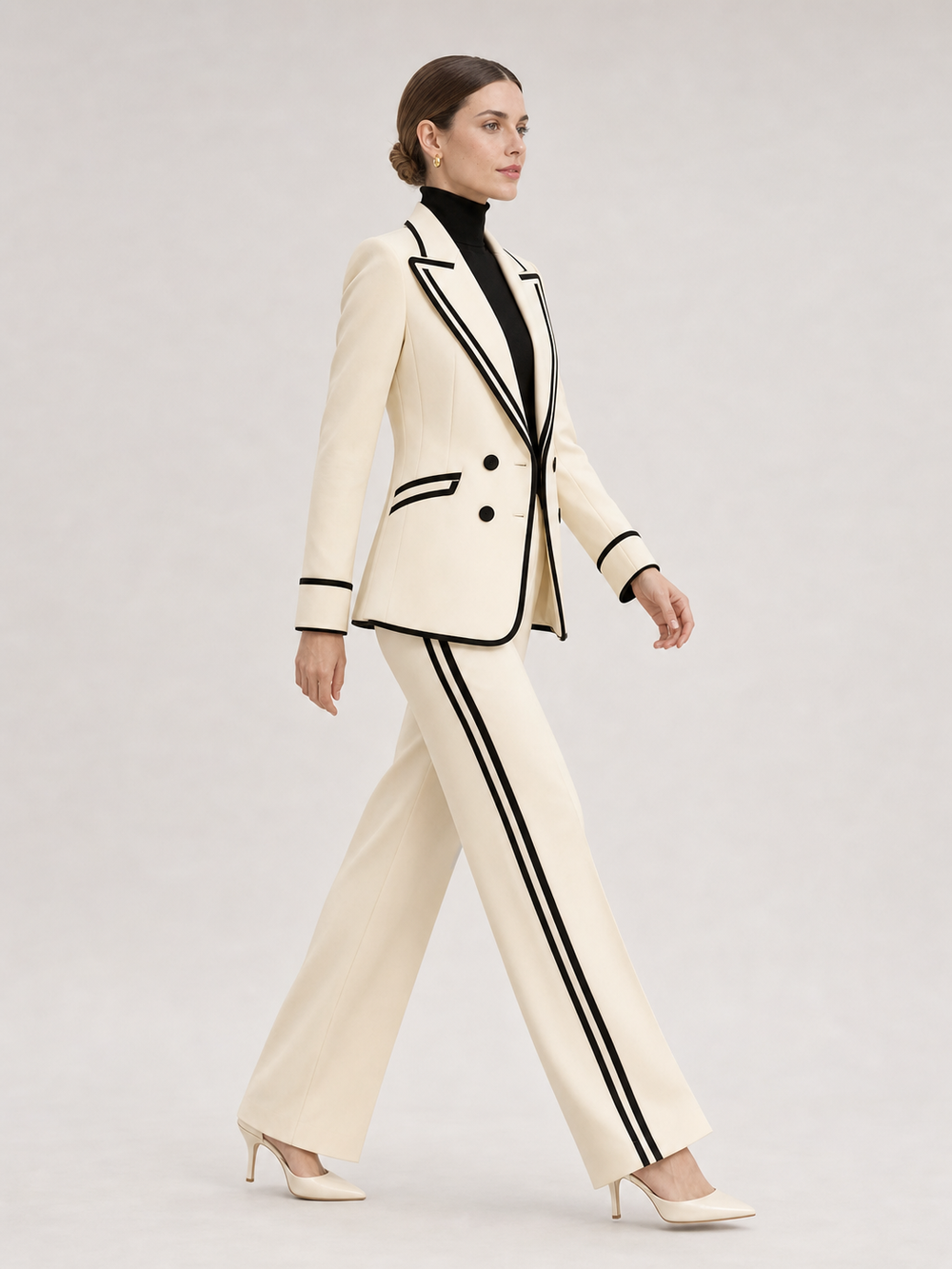 Clarisse Black-Trim Ivory Wide-Leg Suit Set – side view