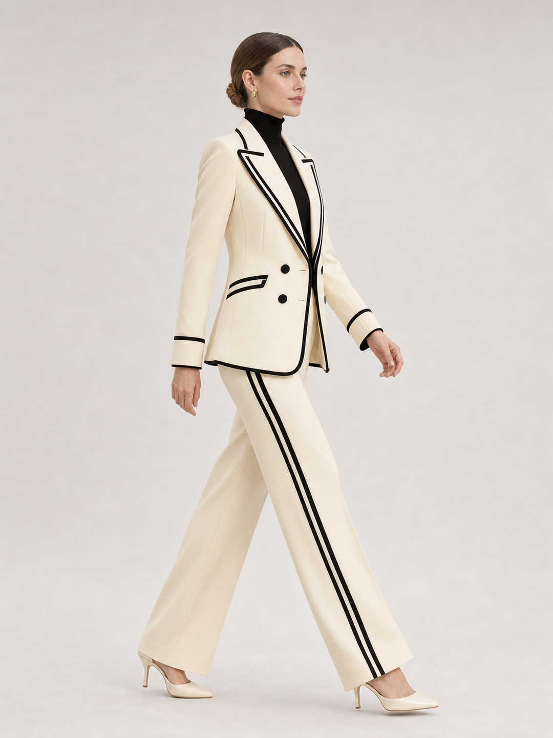 Clarisse Black-Trim Ivory Wide-Leg Suit Set – side view