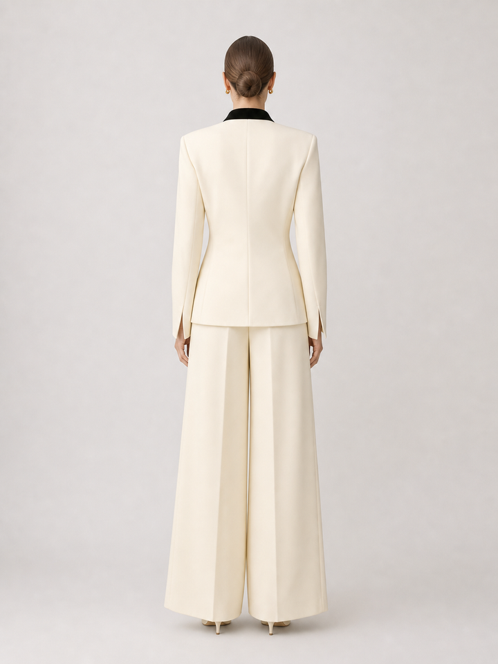 Sabine Contrast-Lapel Ivory Wide-Leg Suit Set – back view