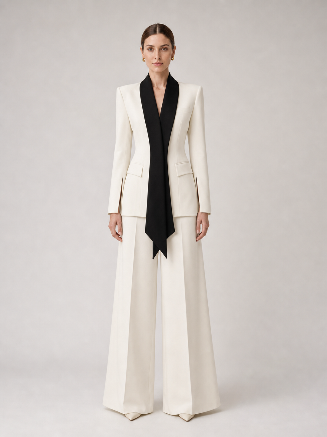 Sabine Contrast-Lapel Ivory Wide-Leg Suit Set – front view