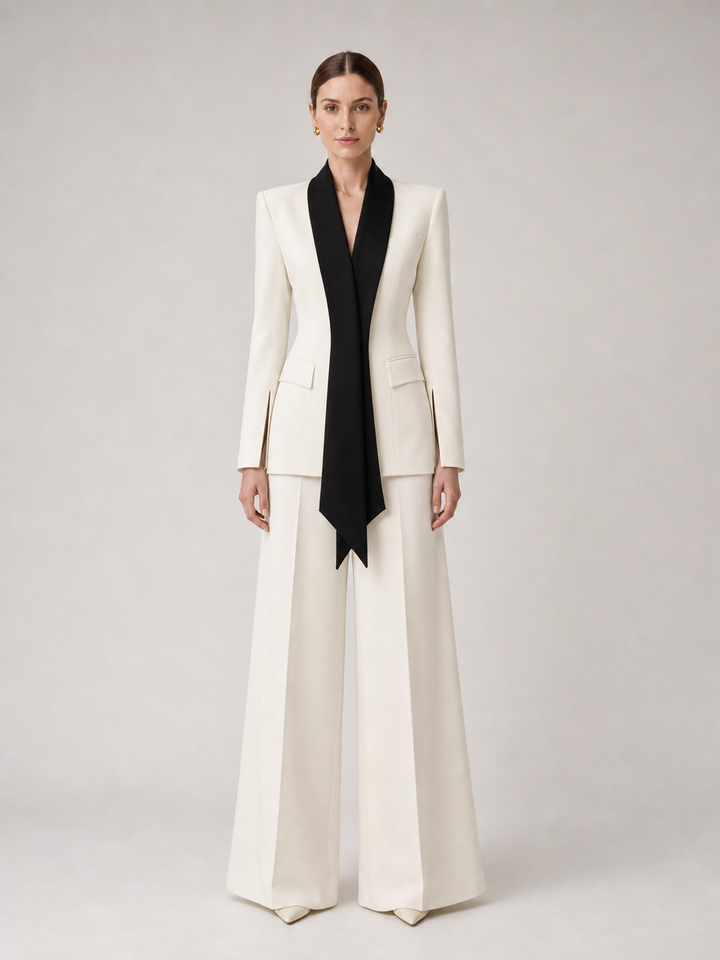 Sabine Contrast-Lapel Ivory Wide-Leg Suit Set – front view