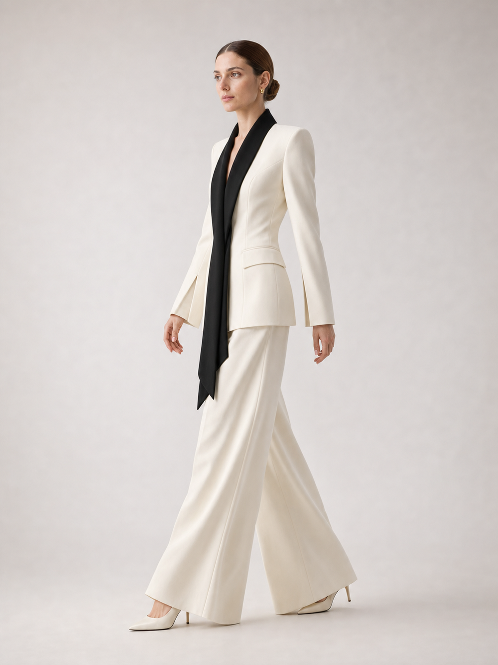 Sabine Contrast-Lapel Ivory Wide-Leg Suit Set – side view