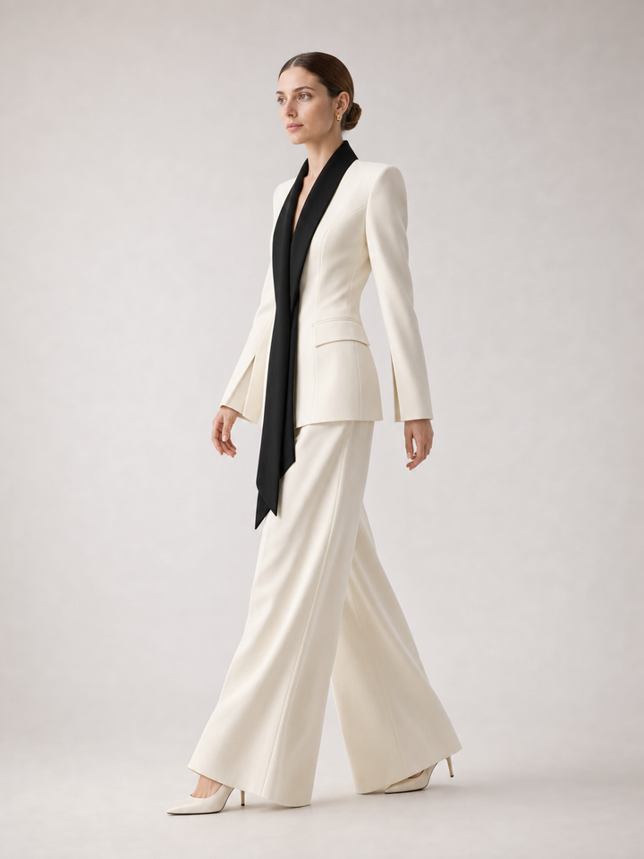 Sabine Contrast-Lapel Ivory Wide-Leg Suit Set – side view