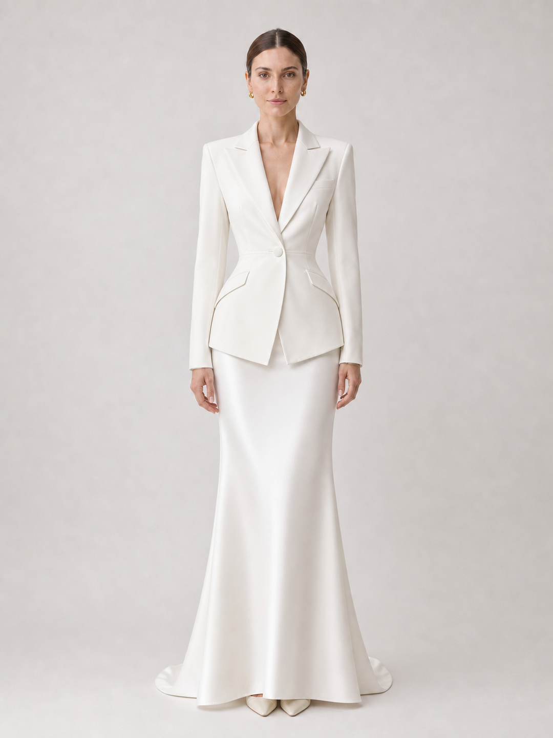 Arielle Soft-Ivory Peplum Flare Suit Set – front view