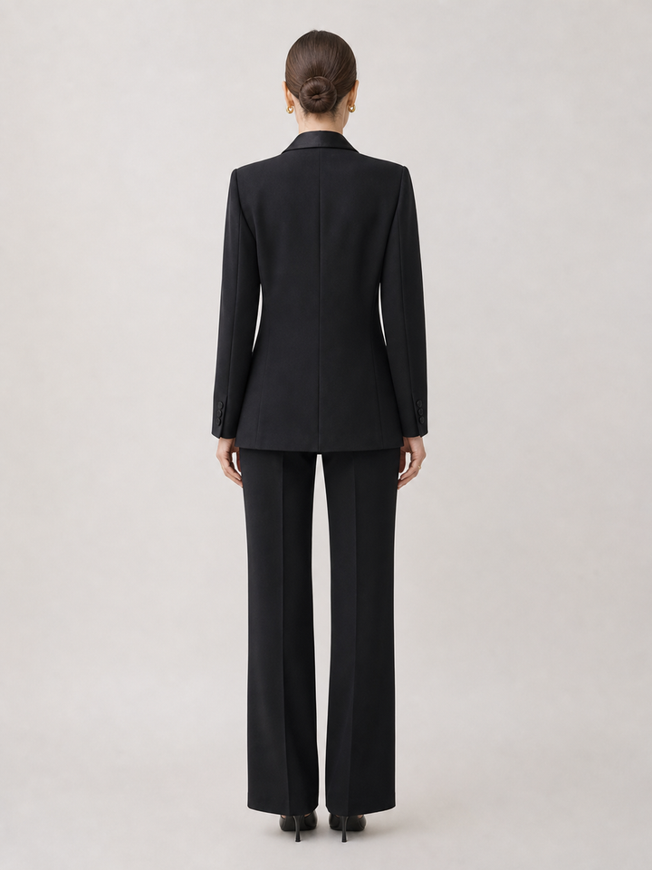 Evelyn Black Satin-Lapel Tailored Suit Set – back view