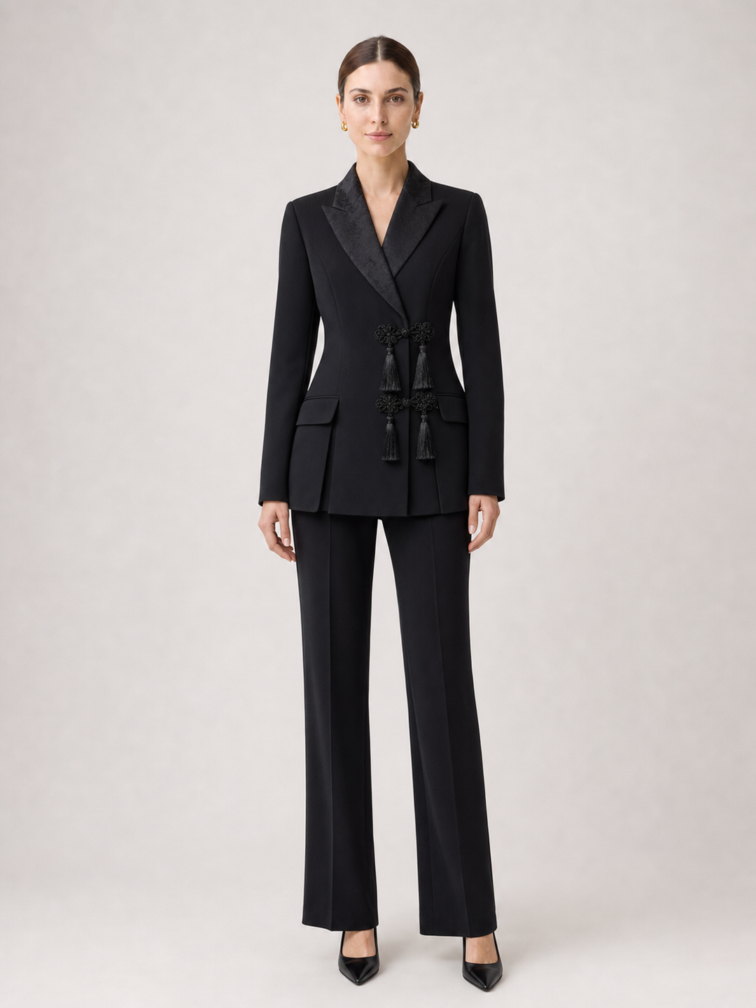 Evelyn Black Satin-Lapel Tailored Suit Set – front view