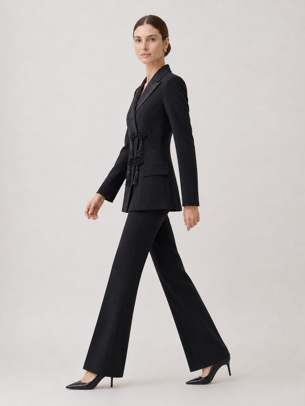 Evelyn Black Satin-Lapel Tailored Suit Set – side view