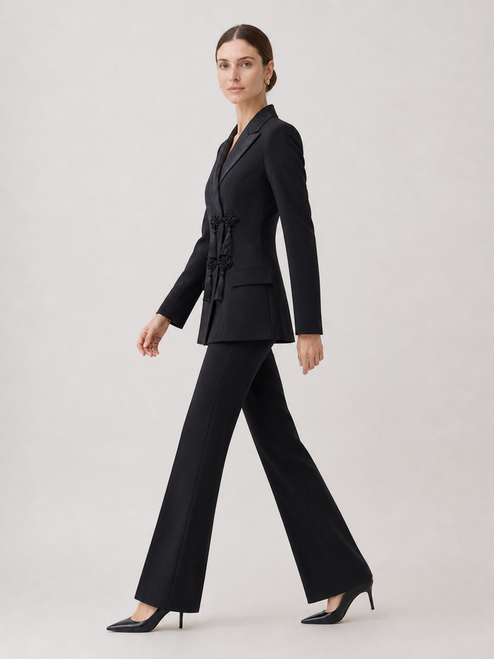 Evelyn Black Satin-Lapel Tailored Suit Set – side view