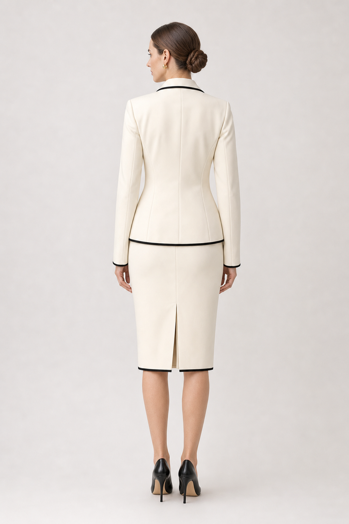 Delphine Black-Trim Ivory Skirt Suit Set – back view