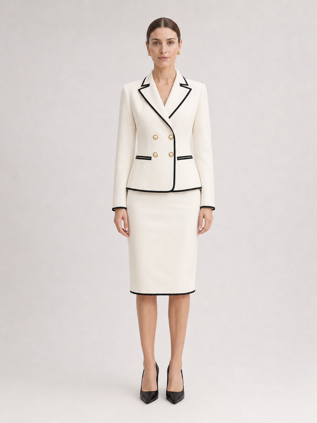 Delphine Black-Trim Ivory Skirt Suit Set – front view