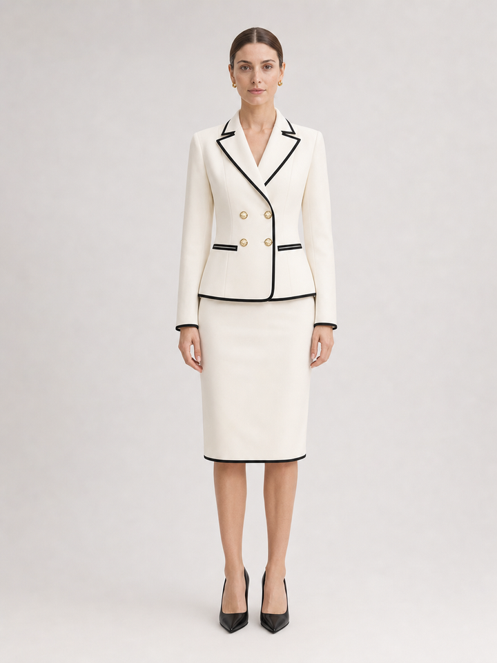 Delphine Black-Trim Ivory Skirt Suit Set – front view
