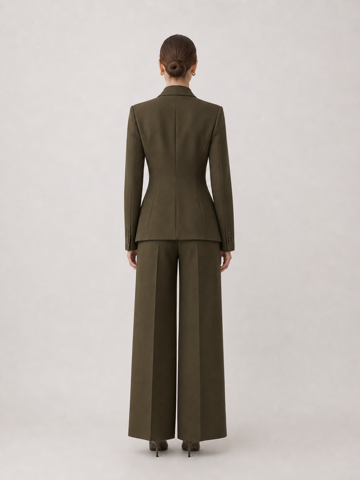 Celina Olive-Green Wide-Leg Suit Set – back view