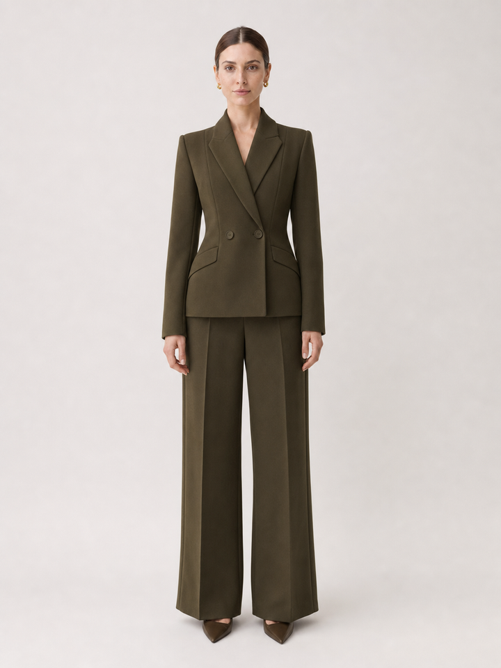 Celina Olive-Green Wide-Leg Suit Set – front view