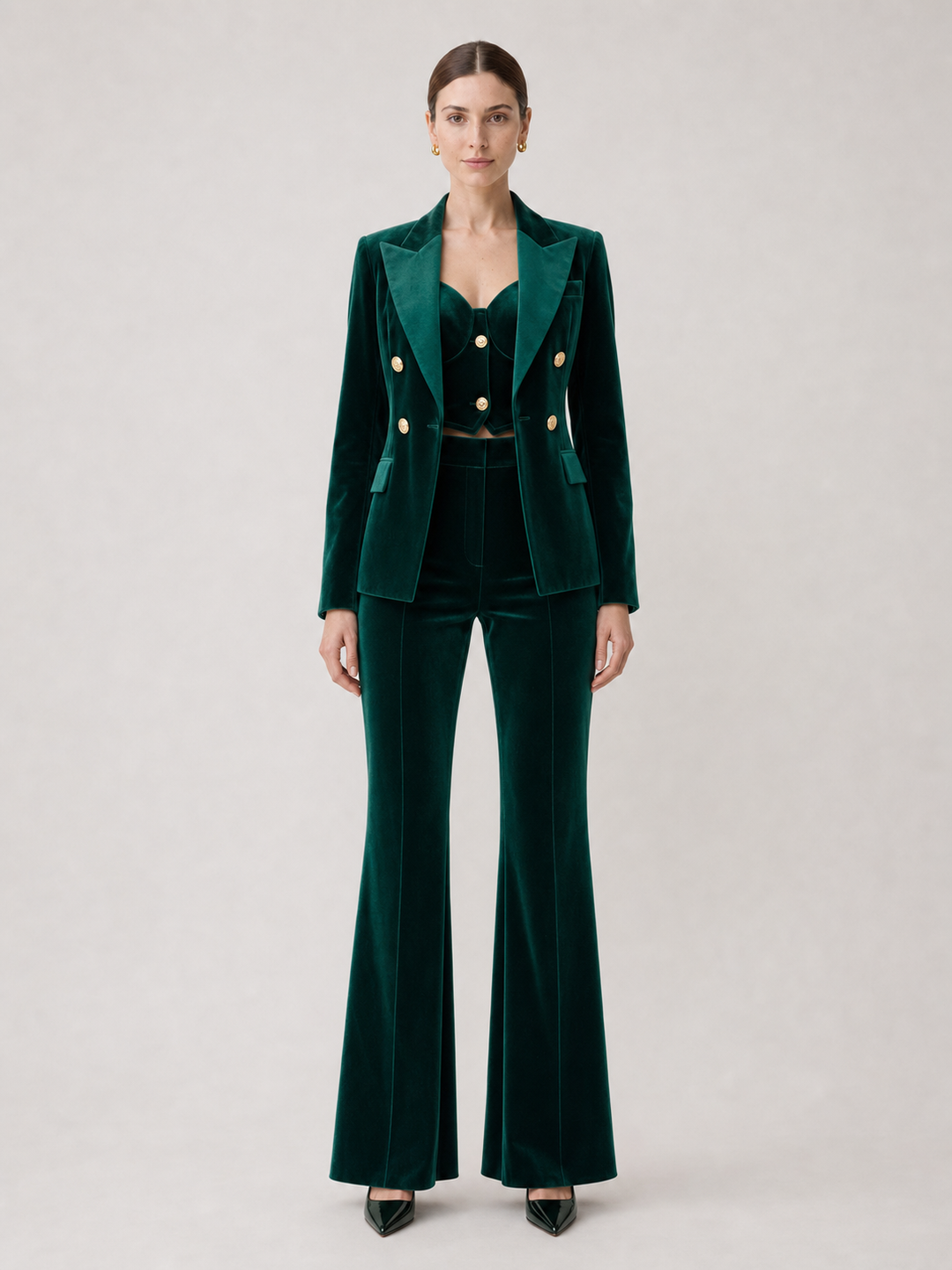 Florence Emerald Velvet-Look Belted Suit Set – front view