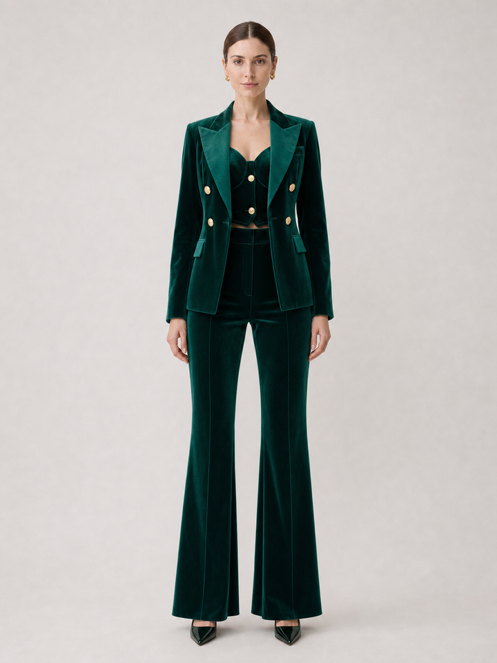 Florence Emerald Velvet-Look Belted Suit Set – front view